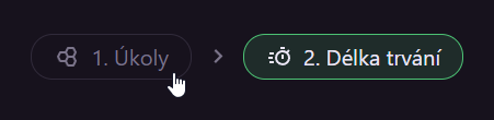 Screenshot tlačítka "1. Úkoly" vlevo od tlačítka "2. Délka trvání, pod shrnutím počtu a odhadované délky úloh."