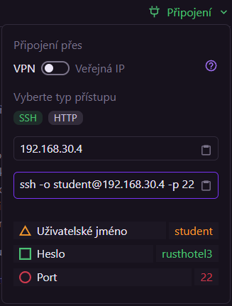 Screenshot pop-upu s informacemi pro připojení